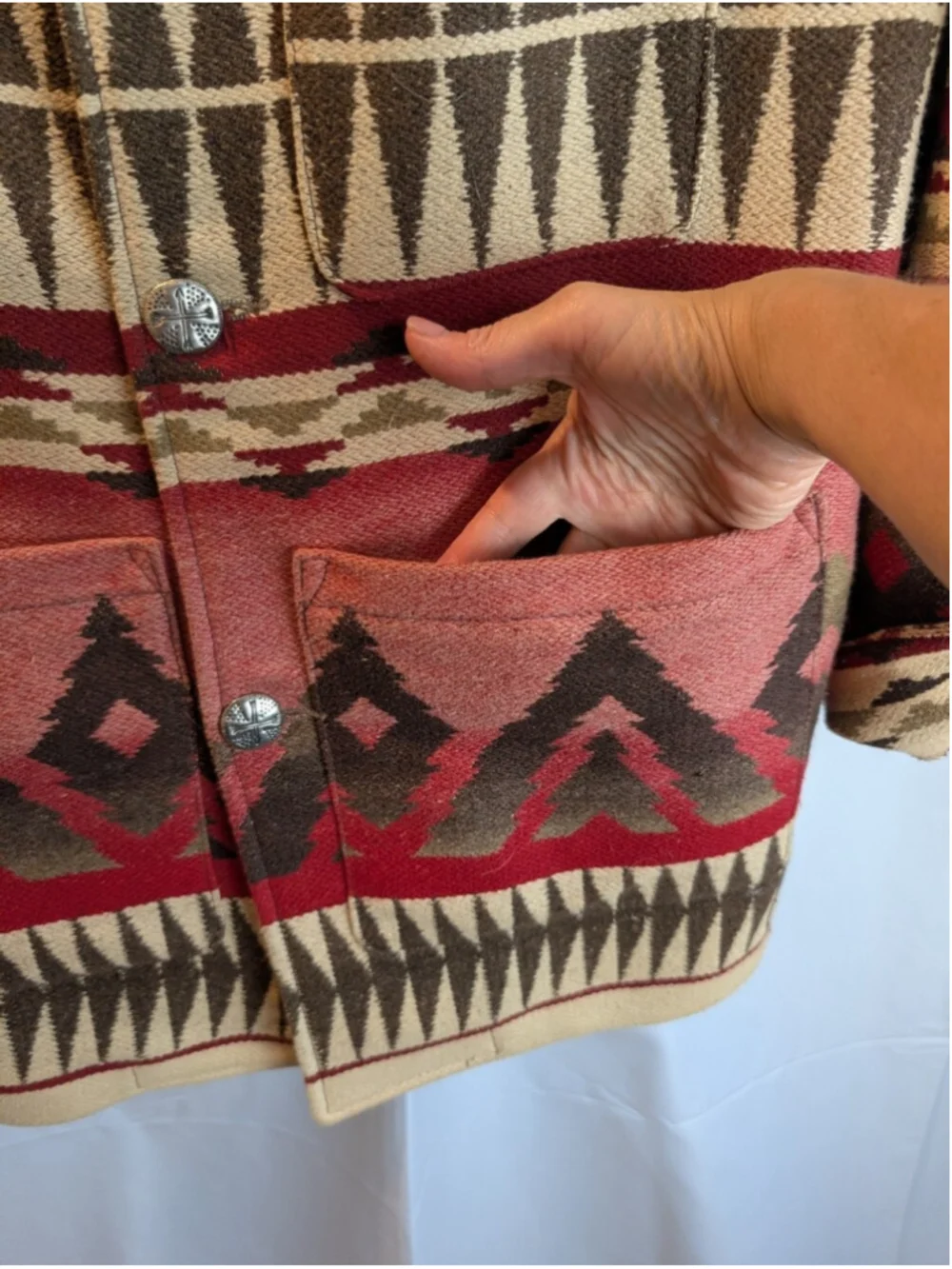 Vintage Roots Canada Navajo Blanket Chore Jacket Leather Collar Aztec Wool Blend